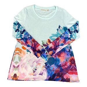 Soft Surroundings Top Womens M Aqua Floral Print Pasaia Shirt Blouse Long Sleeve